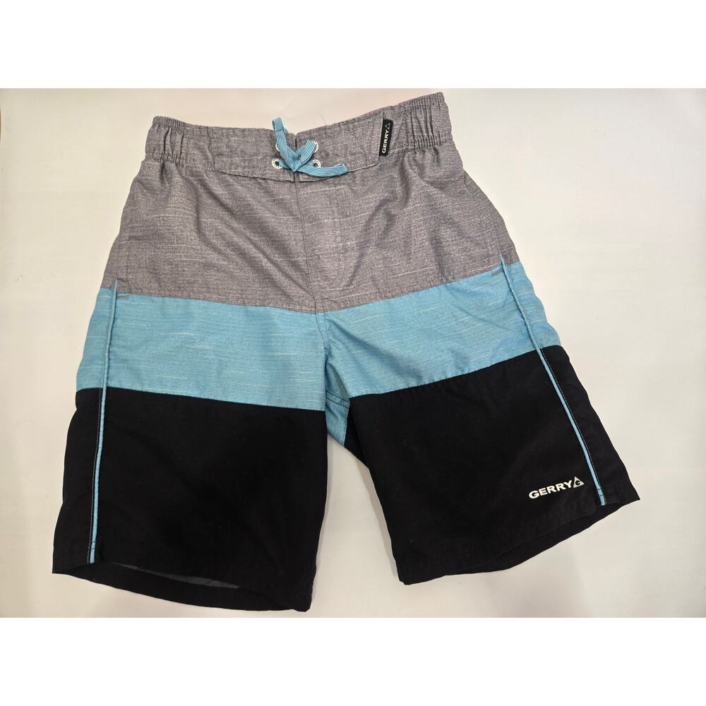 Gerry Boys Large 14/16 Blue Gray Black Colorblock Swim Trunks Board Shorts